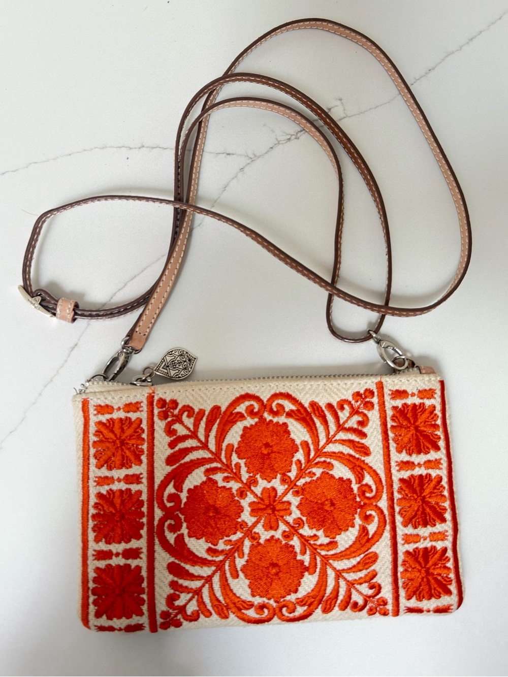 Brighton Embroidered Crossbody Bag - Orange/Cream